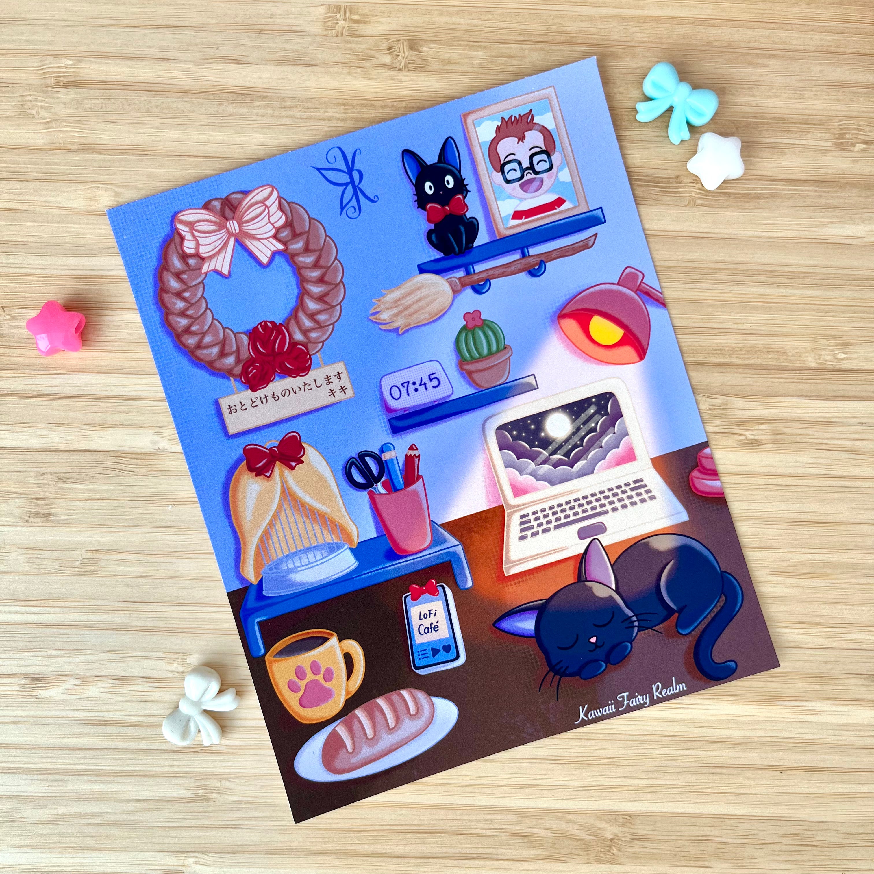 Kiki's Kawaii Desk Small Art Print